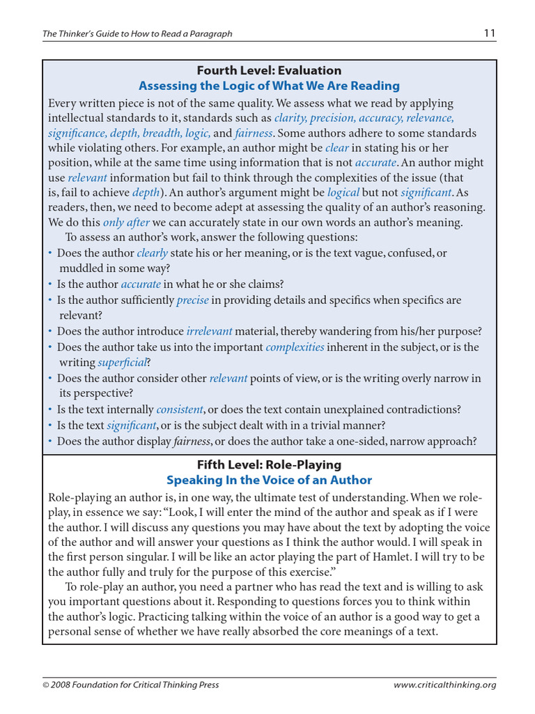 Assessing The Logic of What We Are Reading: Fourth Level: Evaluation ...