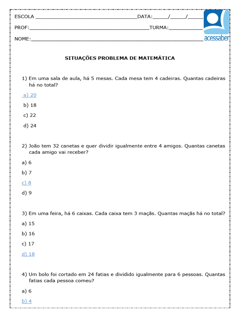 Situacoes Problema de Multiplicacao e Divisao 3 e 4 Ano Com Resposta 1 ...