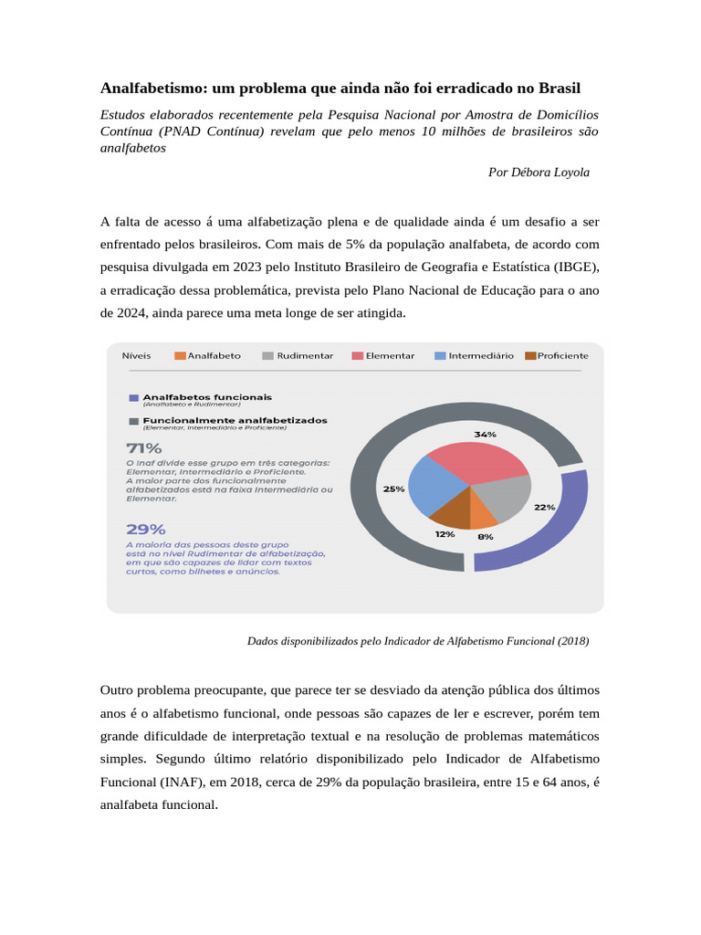 Analfabetismo No Brasil Reportagem Pdf Alfabetização Pedagogia