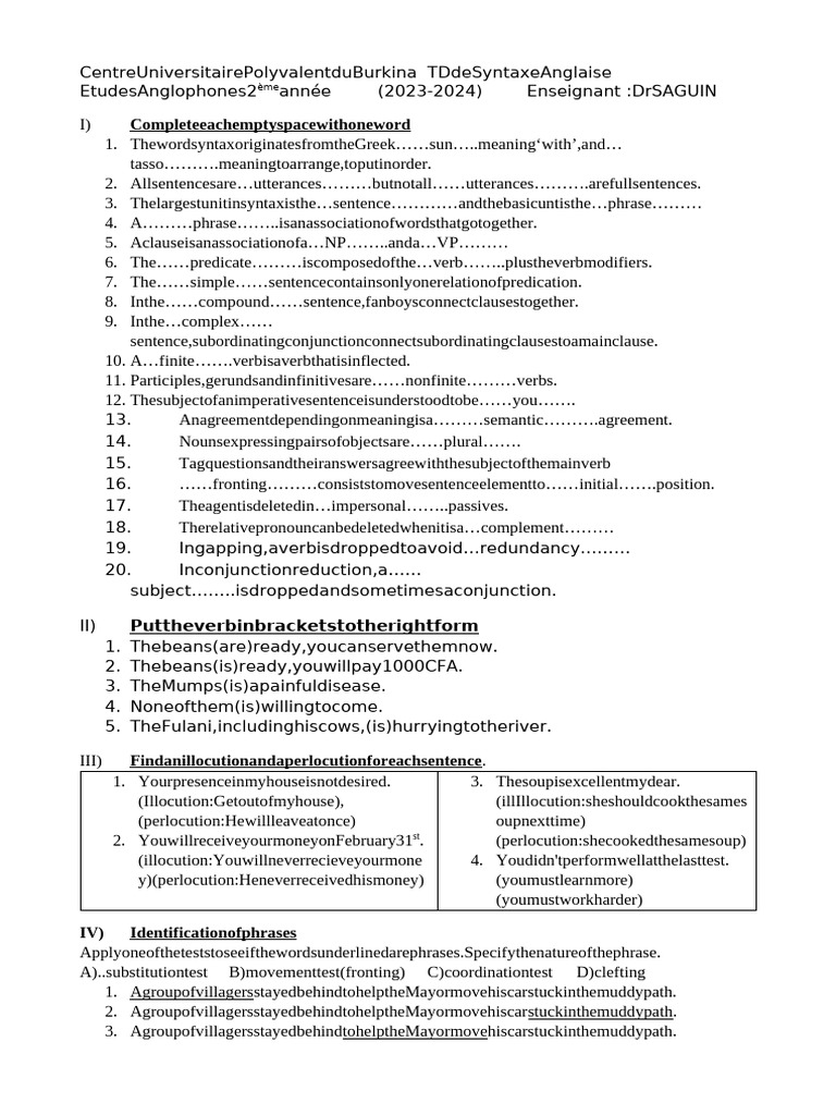TD - SYNTAX S4 - 2024 - Students | PDF | Linguistics | Syntactic ...