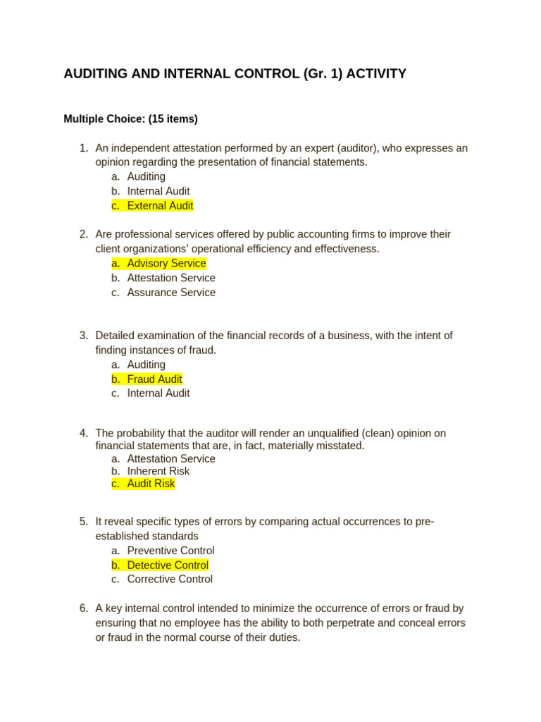 Auditing and Internal Control Quiz | PDF | Internal Control | Audit