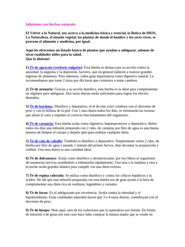Infusiones Naturales para Adelgazar | PDF | Té | Agua