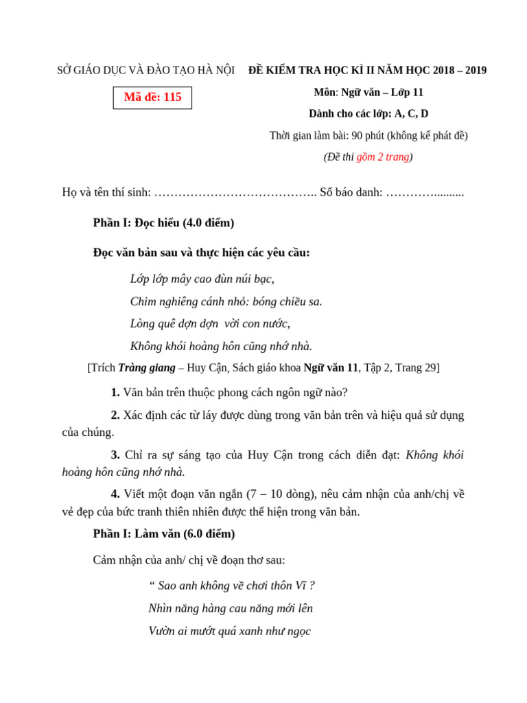 De Thi Hoc Ky 2 Ngu Van 11 de 1 | PDF