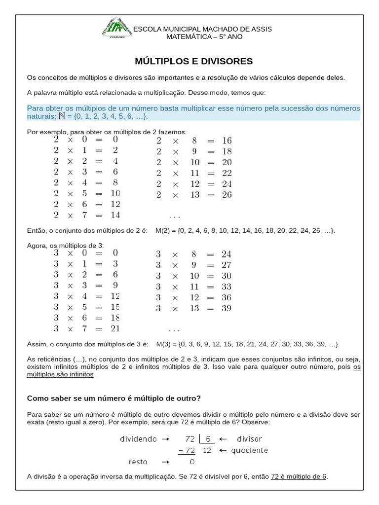 Múltiplos e Divisores para 5º Ano | PDF | Números | Divisão (Matemática)
