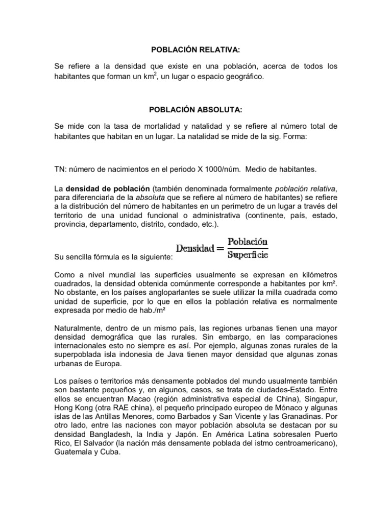 Poblacion Relativa Densidad De Poblacion Ciencias Sociales Ambientales