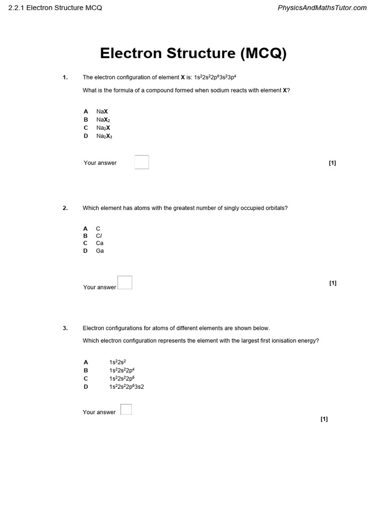 2.2.1 Electron Structure MCQ | PDF | Electron Configuration | Sets Of ...