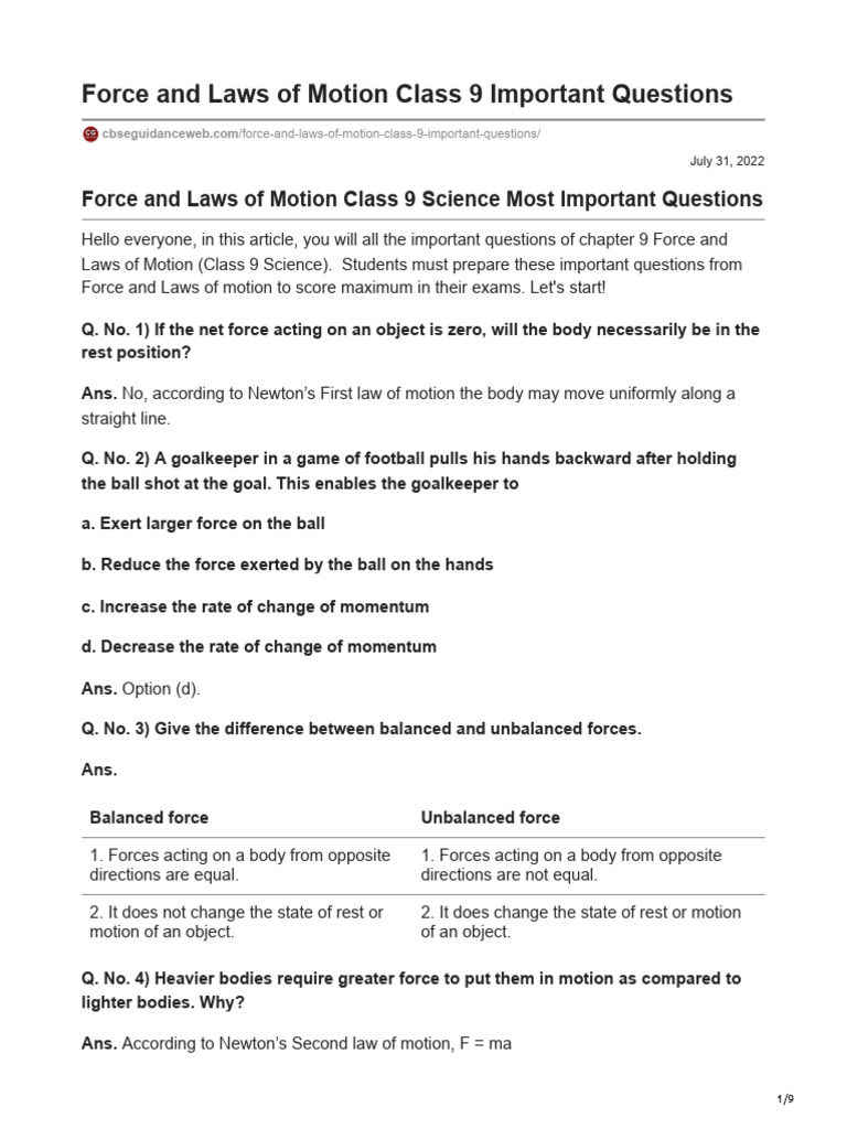 Force and laws of motion class 9 important questions pdf force