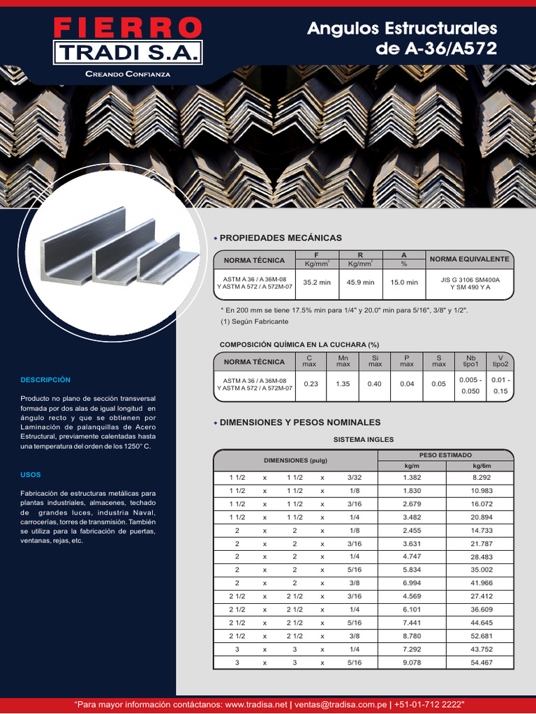 Angulos Estructurales A-36/A572: Usos y Dimensiones | PDF | Laminado ...