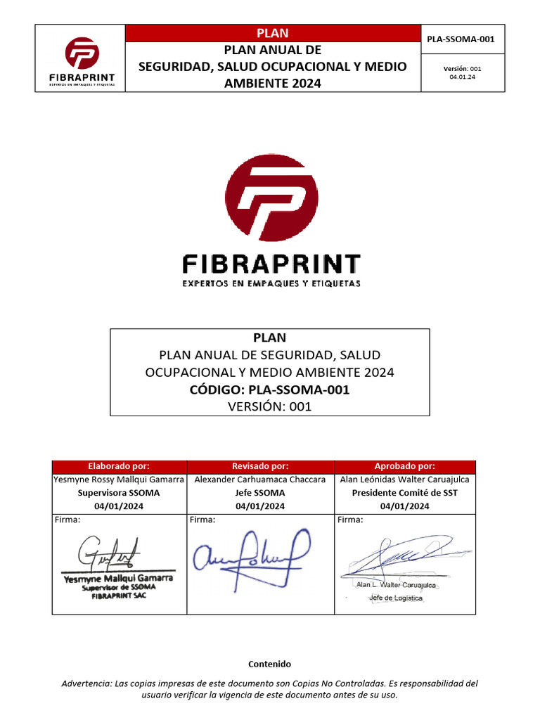 Pla-Ssoma-001 Plan Anual Ssoma 2024 | PDF | Seguridad y salud ...