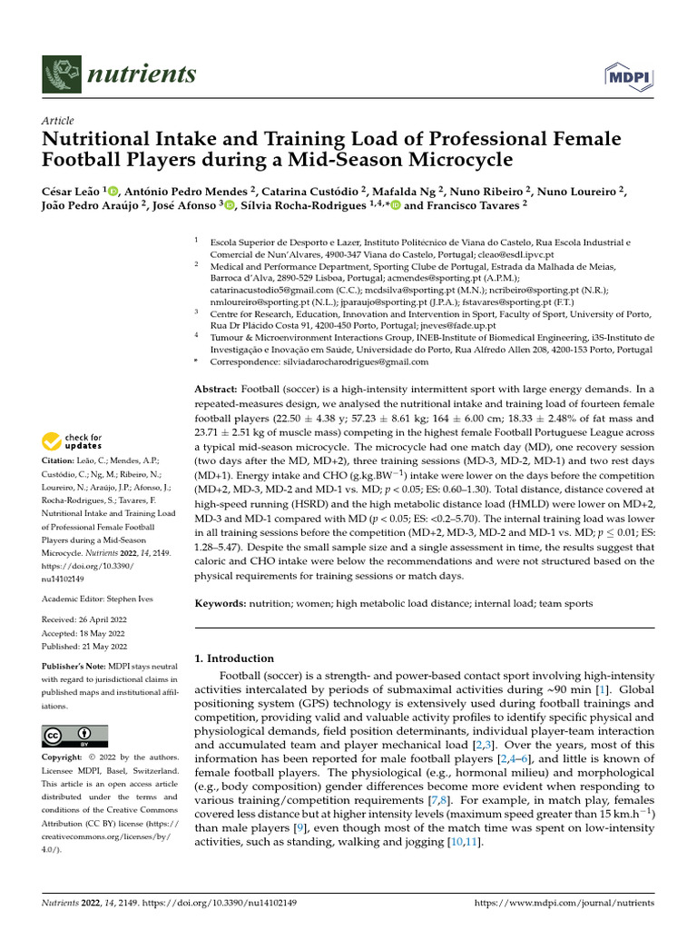 Nutritional Intake and Training Load of Professional Female 2022 | PDF ...