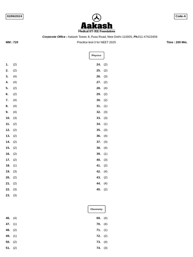 Practice test3 for NEET 2025 Answer key_240605_202943 PDF Dominance Genotype
