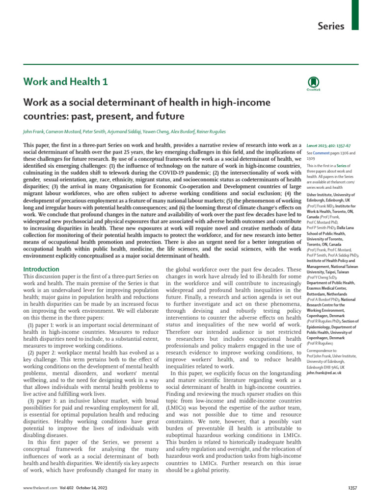 Work As A Social Determinant of Health in High-Income Countries | PDF ...