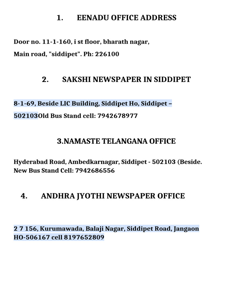 View of Siddipet Newspaper Office Addresses | PDF | Business