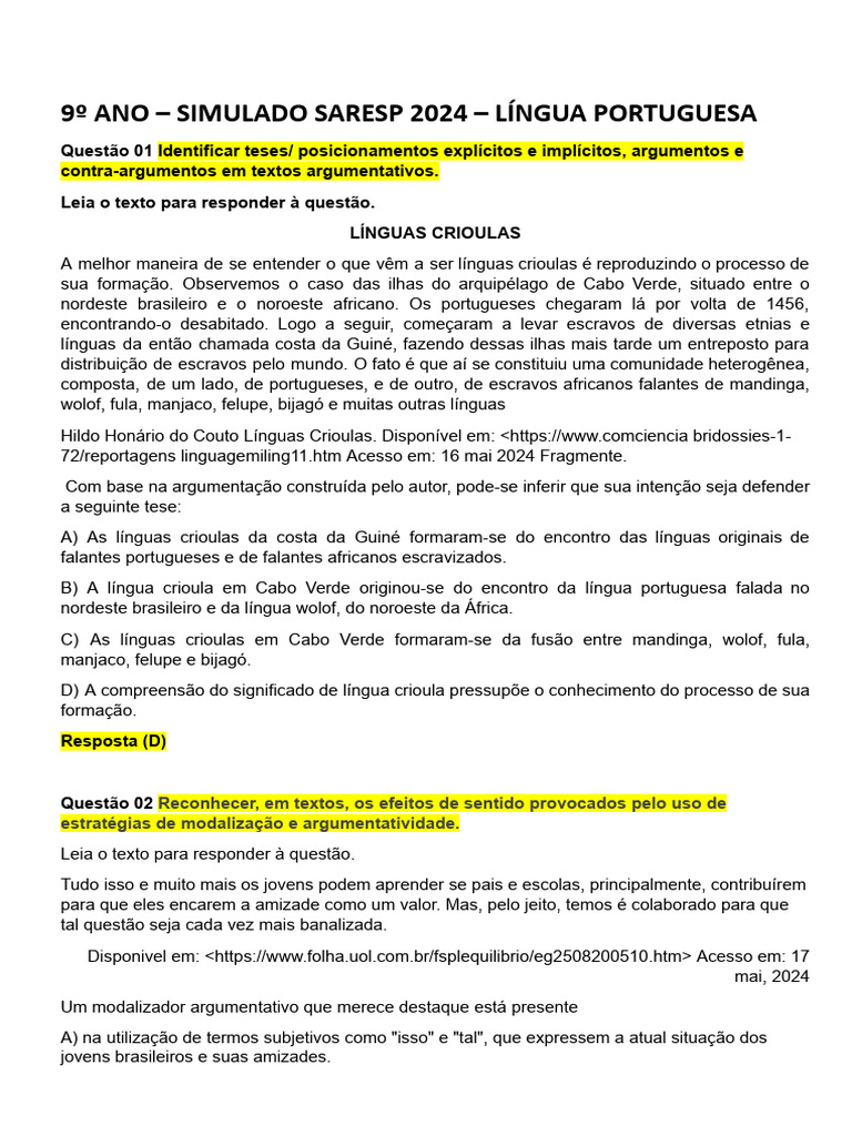 Simulado SARESP 2024: Língua Portuguesa 9º Ano | PDF ...