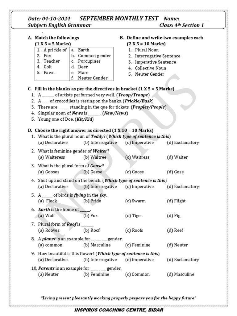 September English 4th 1 | PDF | Grammatical Gender | Sentence (Linguistics)