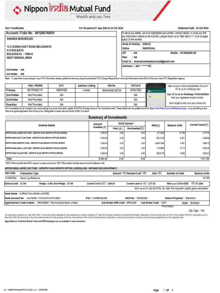 Account / Folio No: 401290748951: Summary of Investments | PDF ...