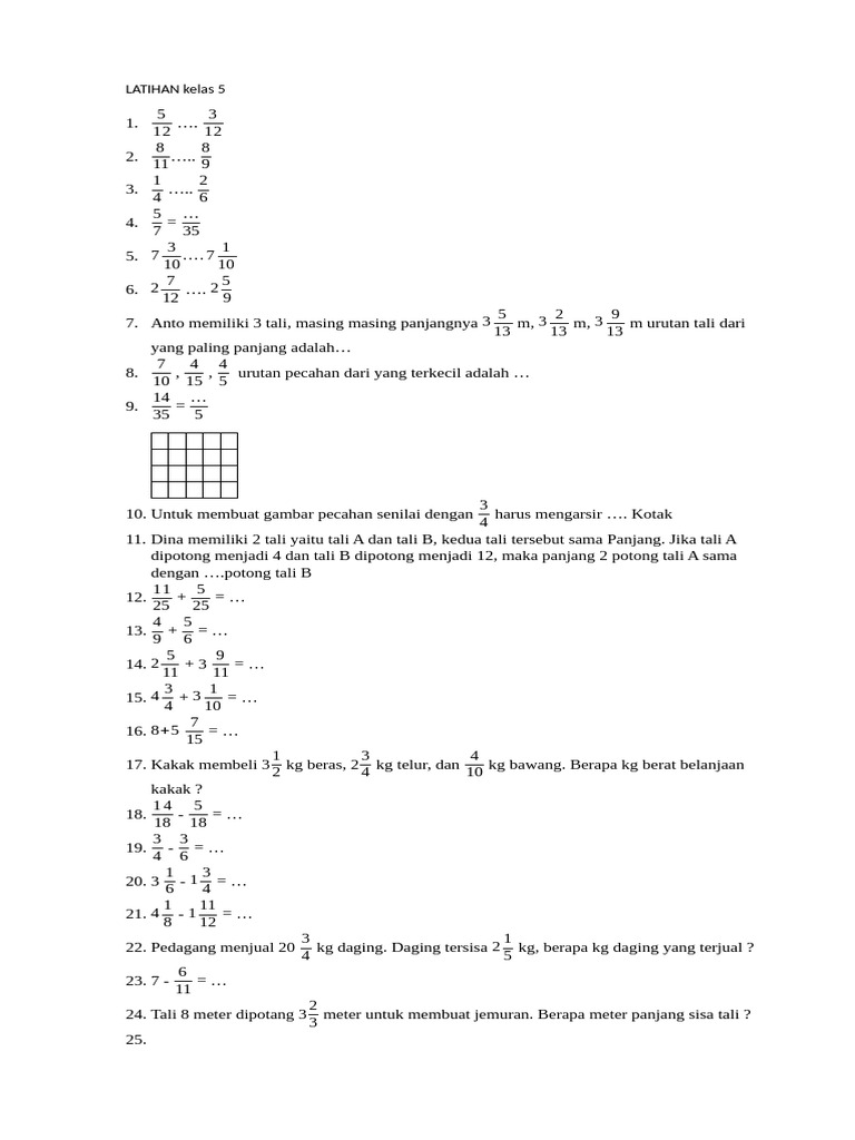 Latihan Matematika Kelas 5 Pecahan | PDF