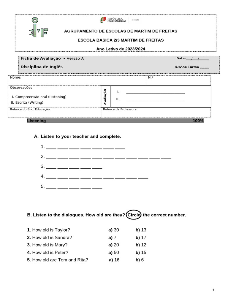Test 5th A | PDF