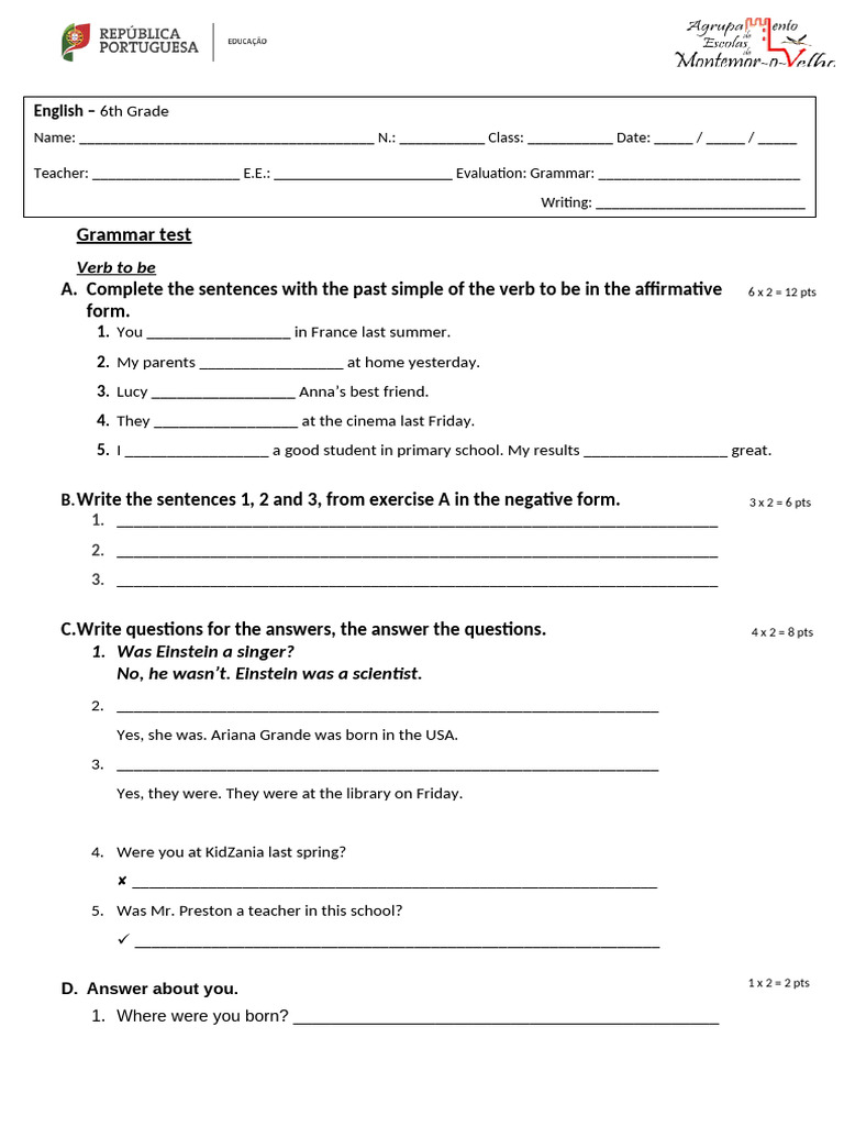6th Grade Grammar Test: Verb Forms | PDF | Linguistic Morphology | Syntax