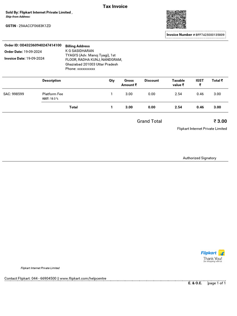 Flipkart Invoice for Ceiling Fan Purchase | PDF