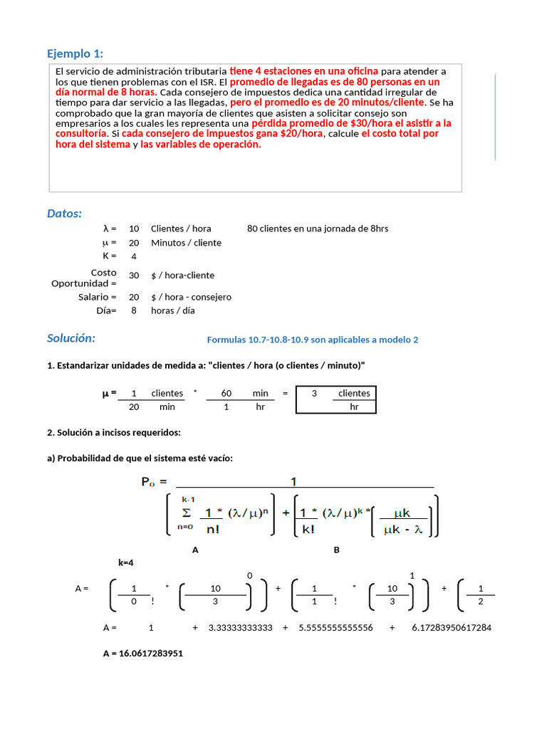 Ejemplo Teoría de Colas Modelo 2 - Archivo Base | PDF | Matemáticas ...