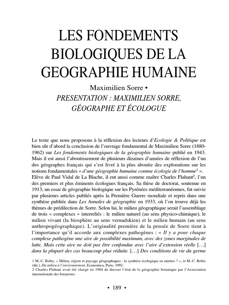Sorre et la géographie humaine moderne | PDF | Géographie | Écologie