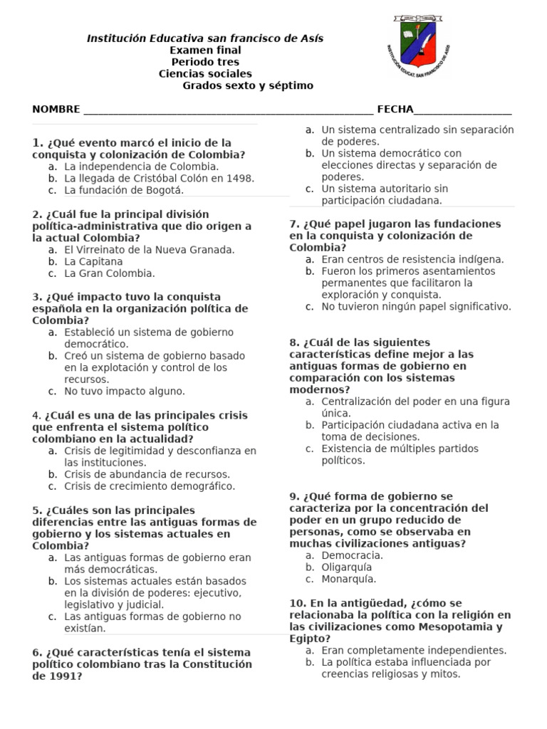 Examen Final de Ciencias Sociales 6° y 7° | PDF | Colombia | Gobierno