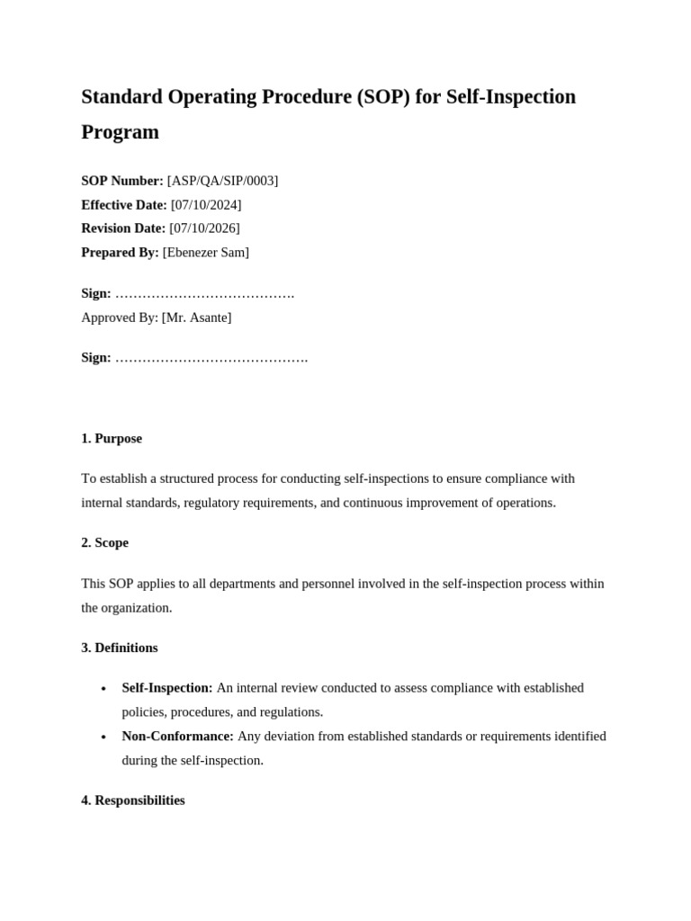 Self-Inspection SOP for Compliance | PDF | Quality Assurance ...