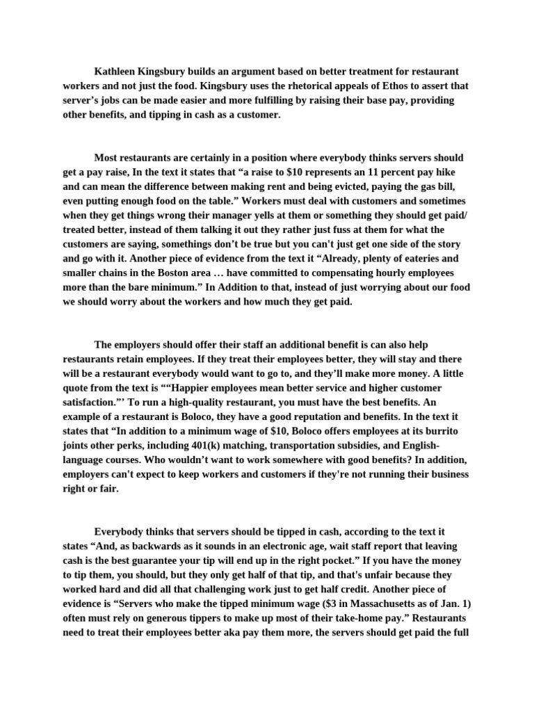 Restaurant Worker Essay | PDF | Employment | Waiting Staff