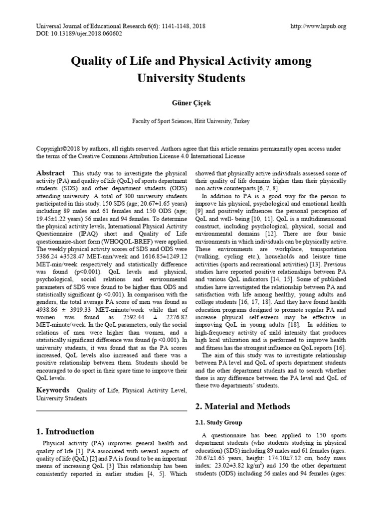 Quality of Life and Physical Activity Among Univer | PDF | Quality Of ...