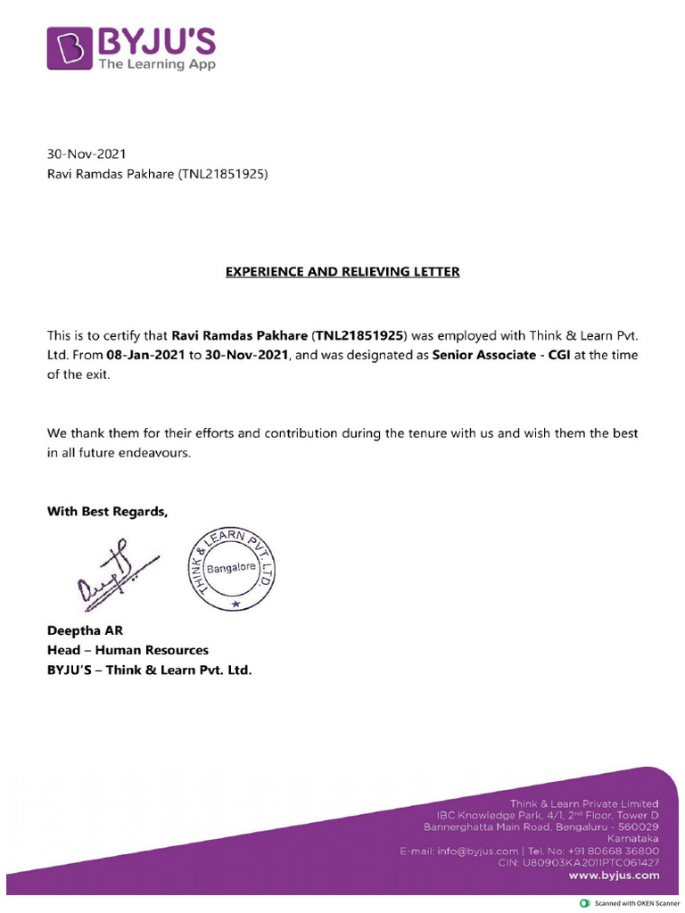 Byjus Releving Experience Letter TNL21851925 | PDF