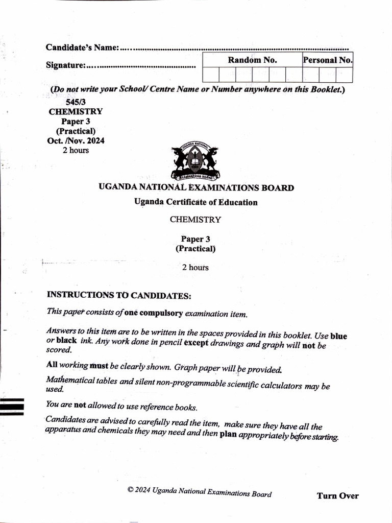 UNEB 2024 Chemistry Paper 3 Sample | PDF | Physical Sciences | Chemistry