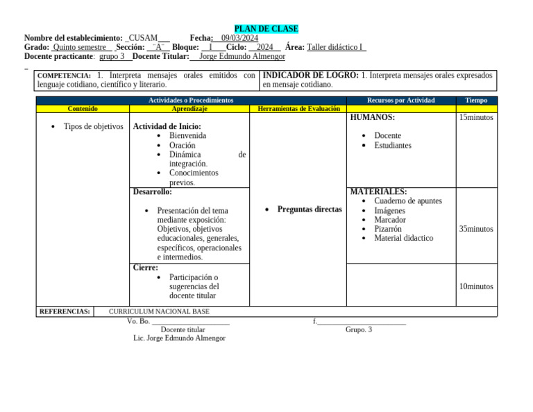 PLAN DE CLASE Lic Jorge | PDF | Comunicación humana | Aprendizaje