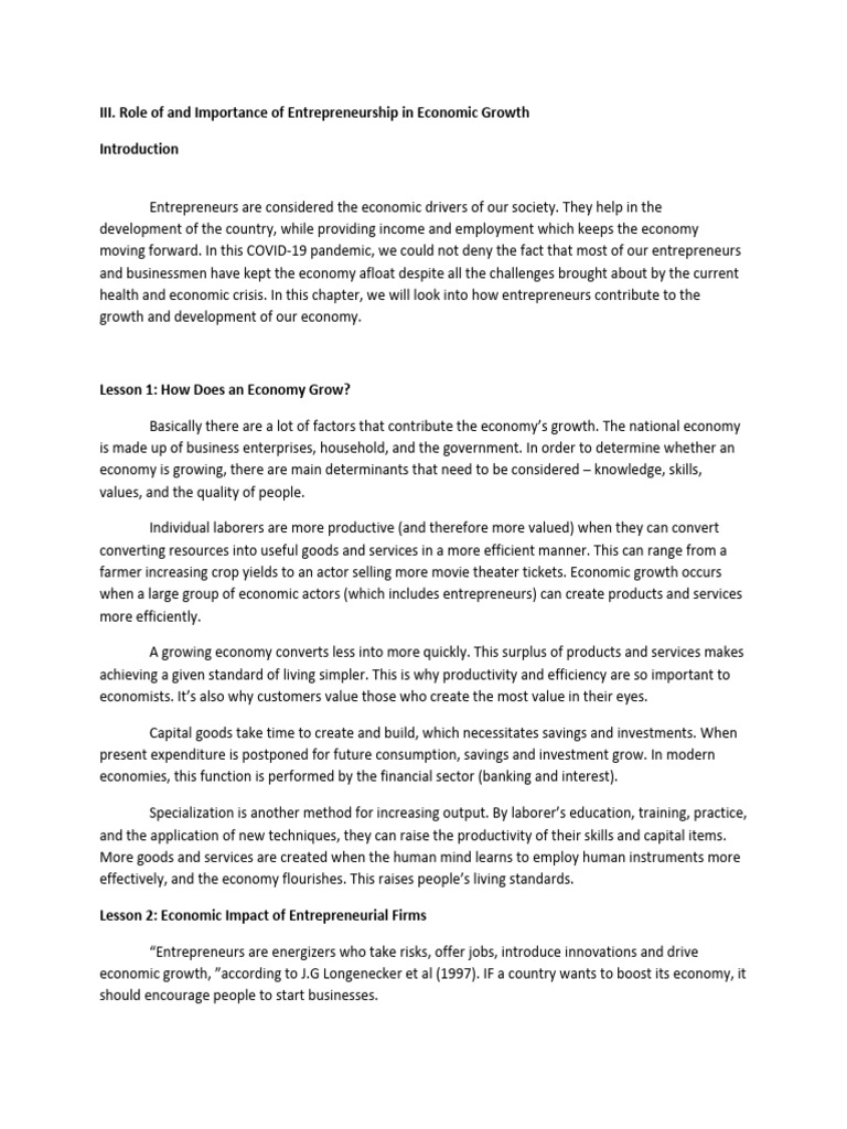 III. Role of and Importance of Entrepreneurship in Economic Growth ...