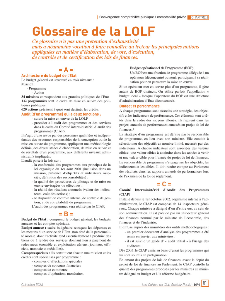 Glossaire de la LOLF et audit des programmes | PDF | Comptabilité | Loi