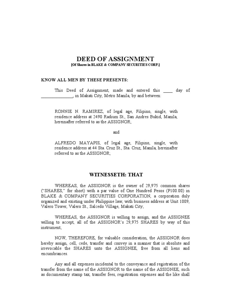 draft deed of assignment of goodwill