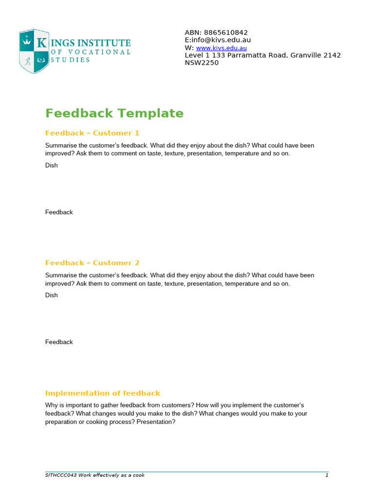 SITHCCC043 Feedback Template.v1.0 | PDF | Home & Garden