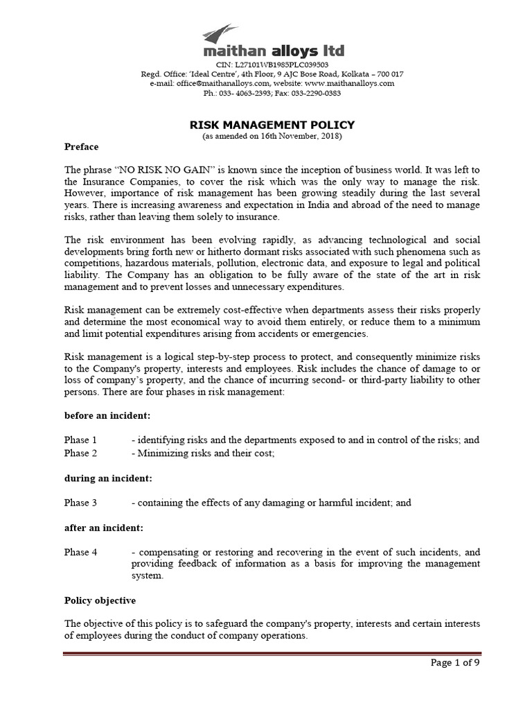 Risk Management Policy Overview | PDF | Risk | Legal Liability