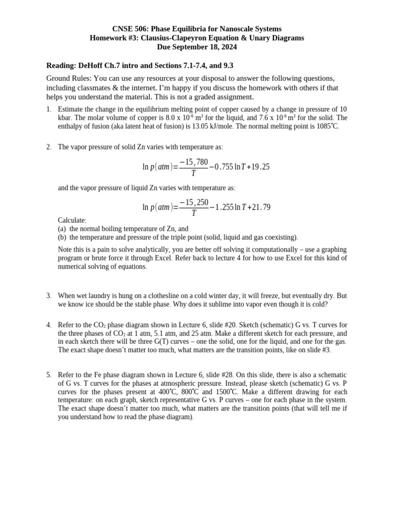 Homework 3 Due Sept 18 | PDF | Phase Diagram | Phase (Matter)