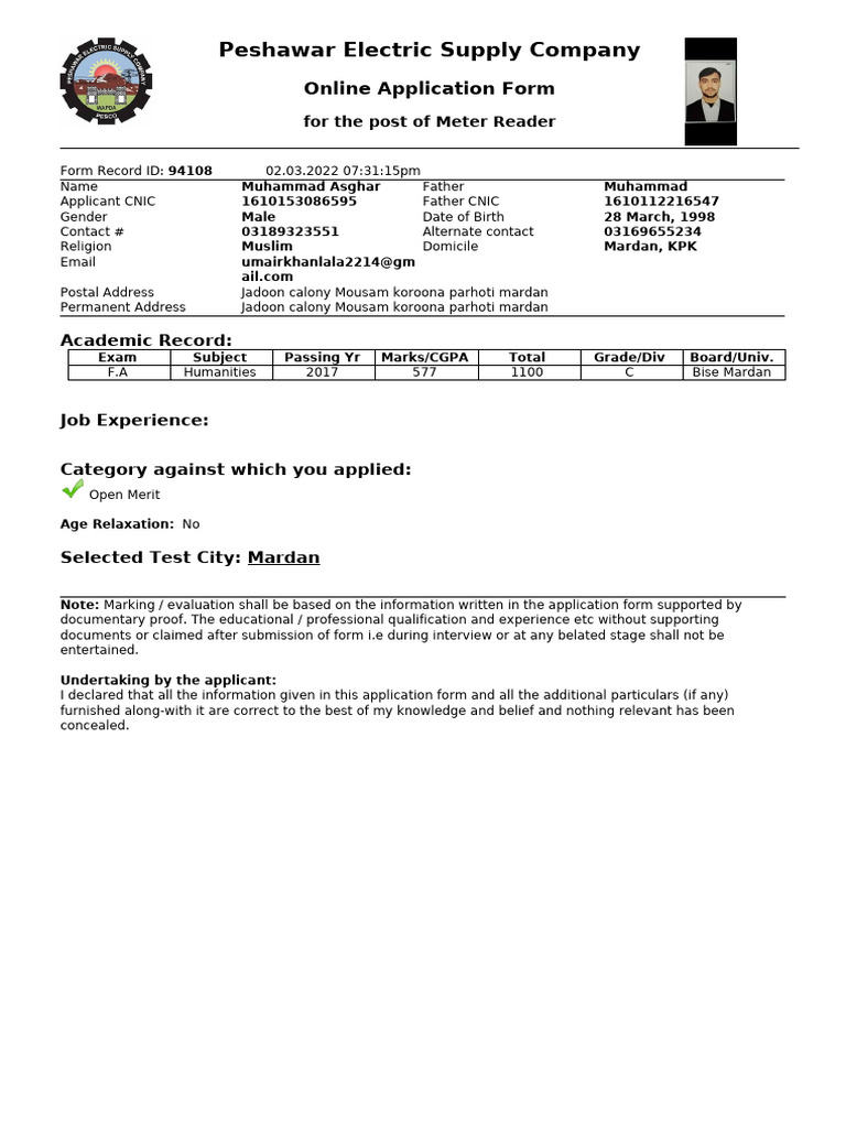 Peshawar Electric Supply Company: Online Application Form | PDF