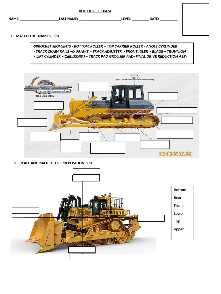 Bulldozer Parts and Grammar Exercises | PDF