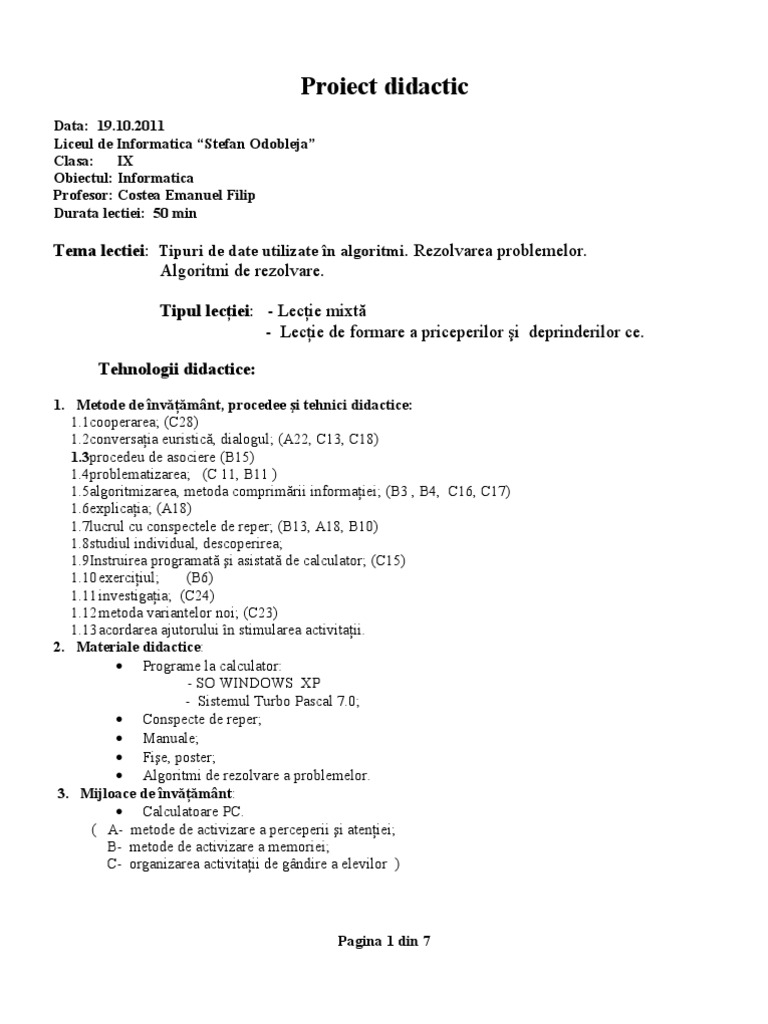 Proiect De Lectie 1 Tipuri De Date Emanuel Costea