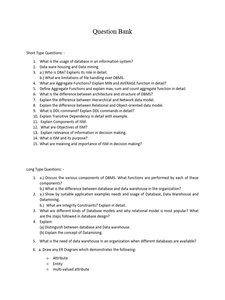 Database Management System Question Bank | PDF | Databases | Data Warehouse