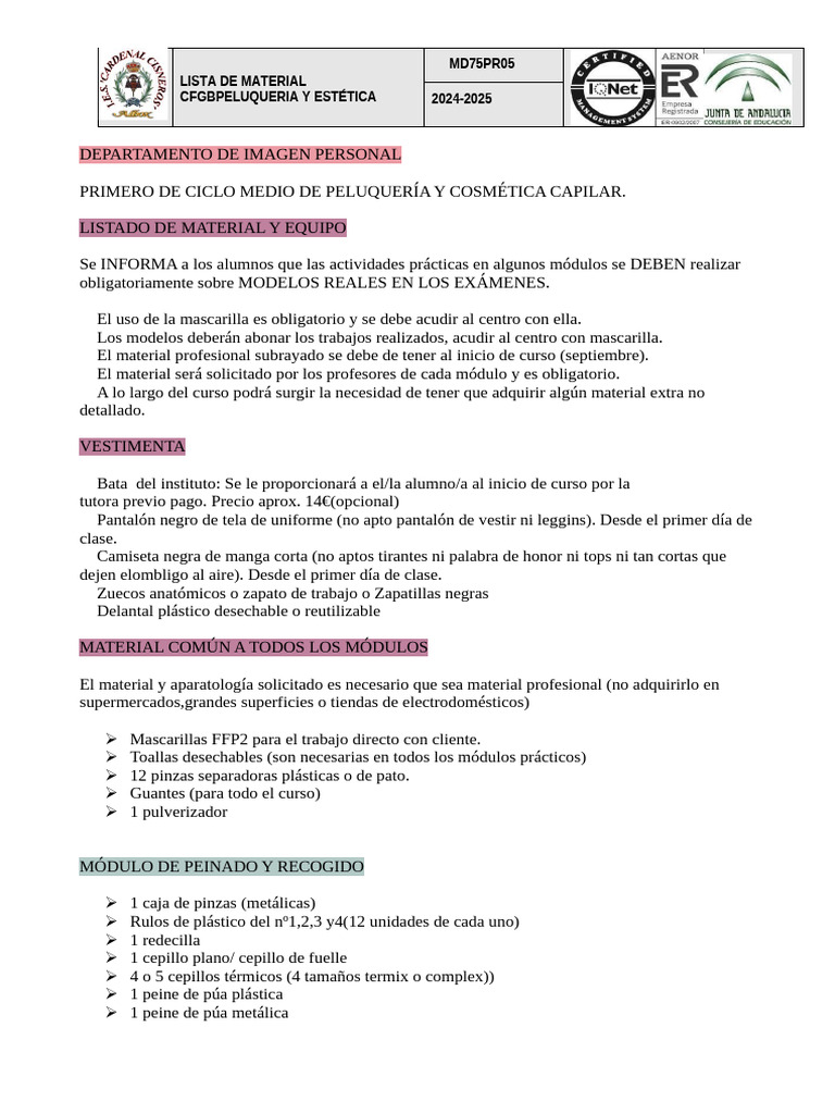 Lista de Material de Peluqueria de CFGB Peluqueria y Estética | PDF ...