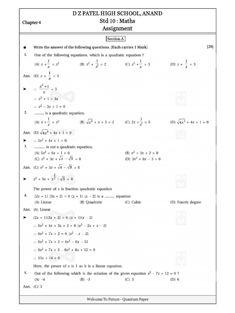 Class 10 Maths - CH 4 Assignmnet Solution | PDF