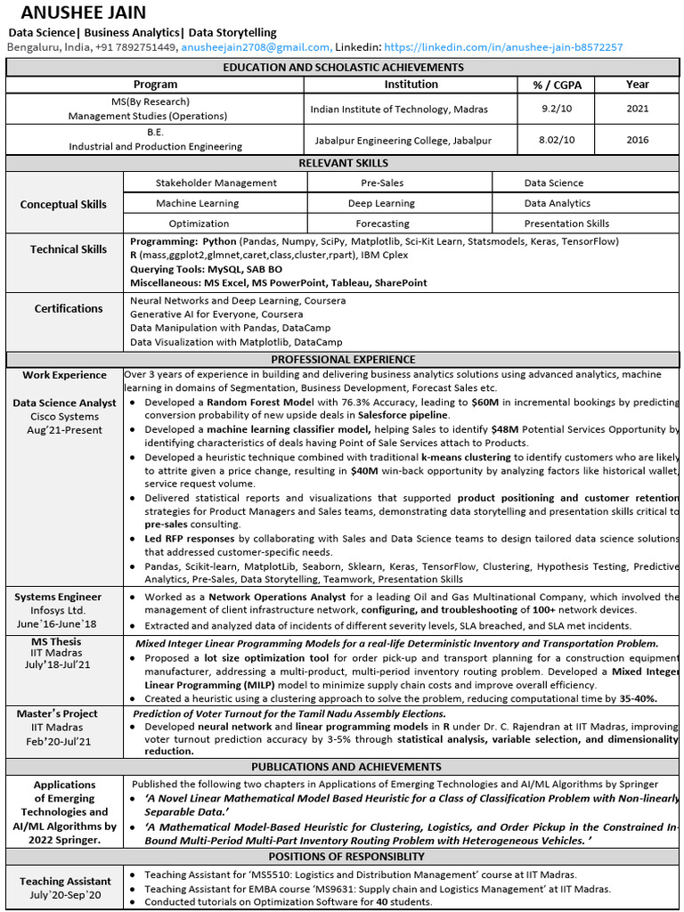 Anushee Jain CV Pre-Sales Data Scientist | PDF | Linear Programming ...
