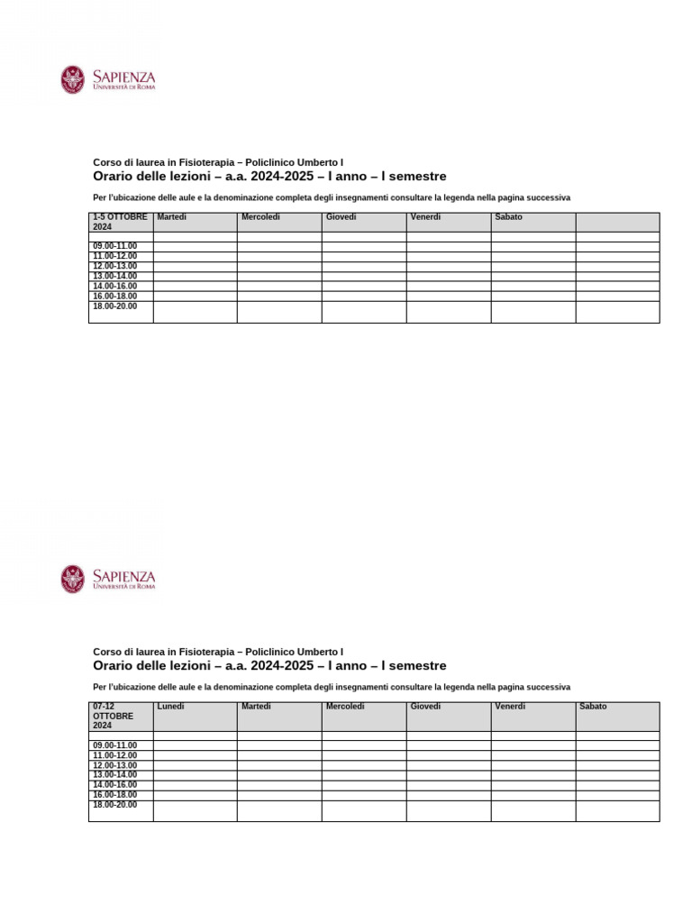 New Format Orari Delle Lezioni I Anno I Semestre A.A. 2024 25 0 | PDF