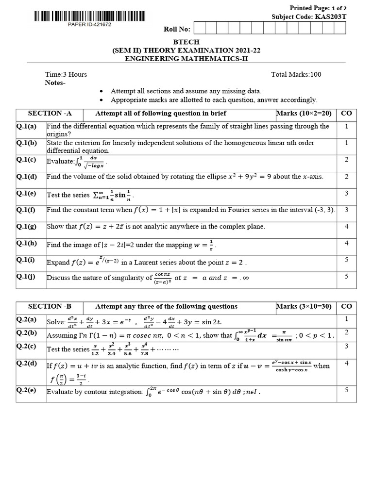 Btech 2 Sem Engineering Mathematics 2 Kas203t 2022 | PDF | Pi | Fourier ...