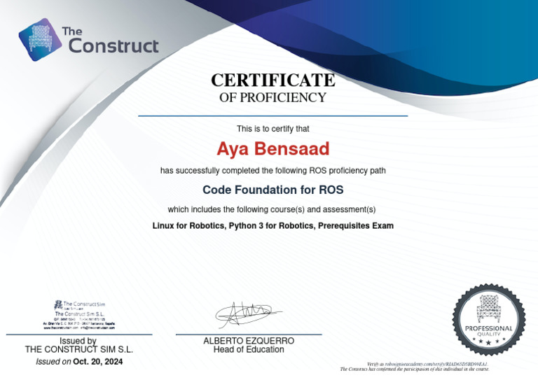 ROS Proficiency Certificate for Aya Bensaad | PDF