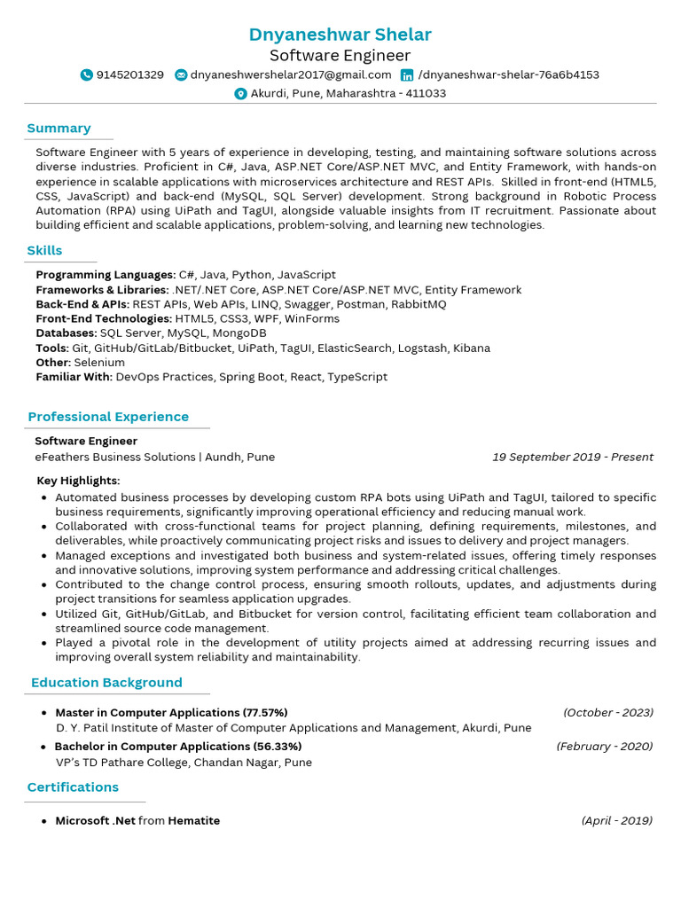 Software Engineer Profile - Dnyaneshwar Shelar | PDF | Entity Framework ...